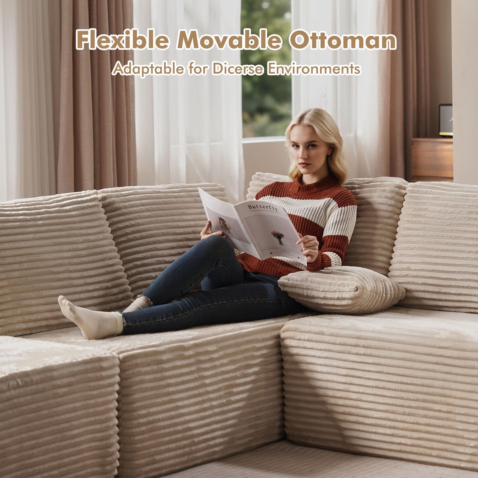 Ovios Modular Cloud Sofa with Memory Foam, U-Shaped Chaise, Corduroy Upholstery - No Assembly Needed