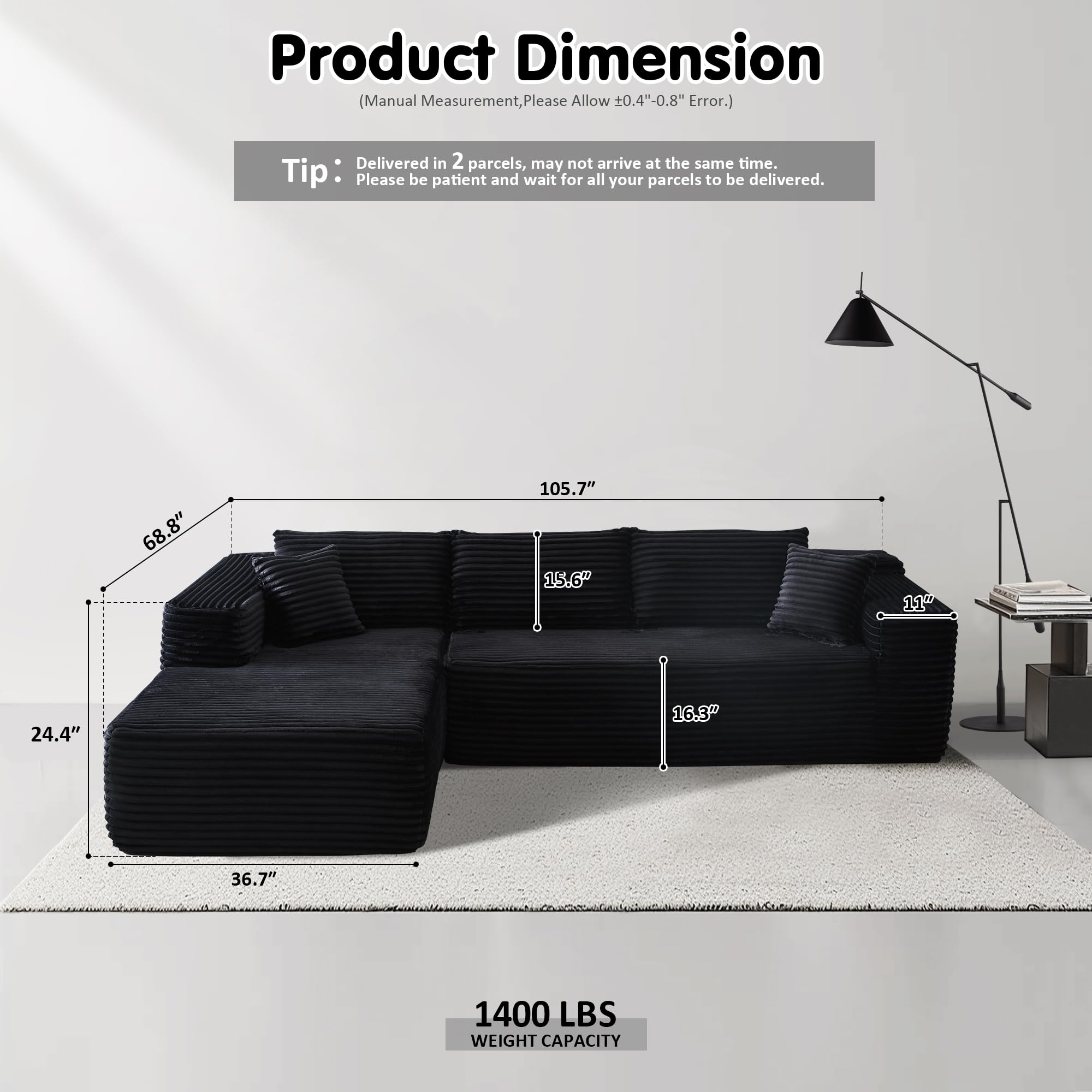 Ovios 104" L-Shape Modular Couch with Chaise, Plush Corduroy Fabric, No Assembly Required