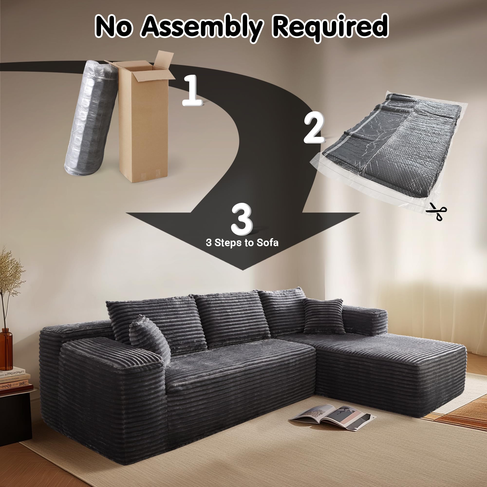 Ovios 104" L-Shape Modular Couch with Chaise,Corduroy Fabric,No Assembly Required