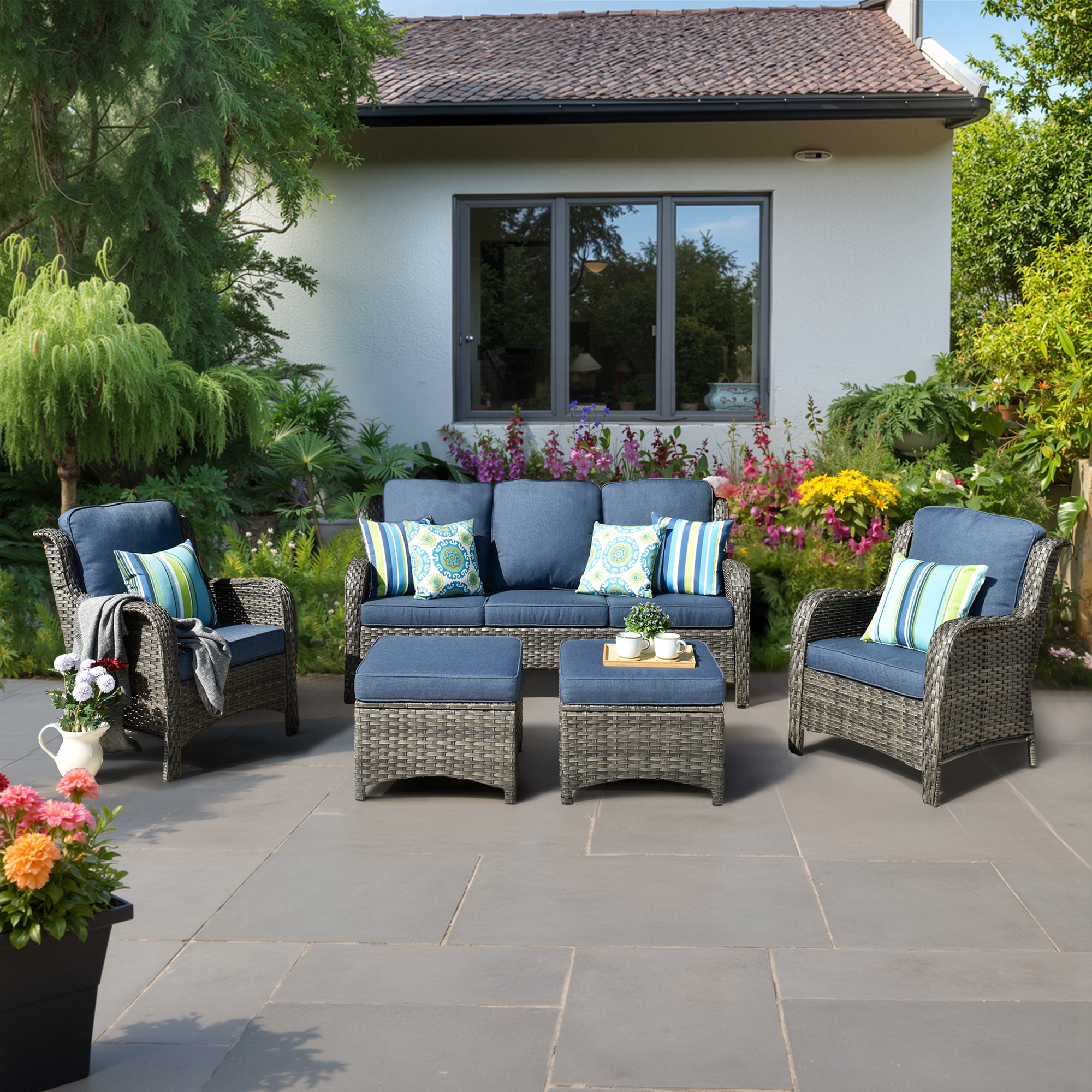 Ovios Patio Conversation Set 5-Piece with Cushions Kenard Curved Handrest