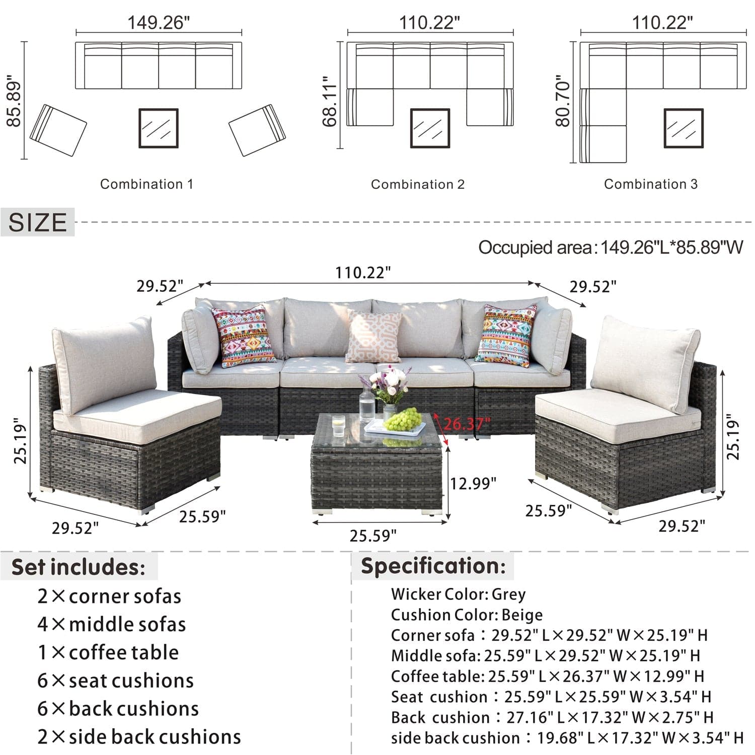 Ovios Outdoor Furniture Set Rattan 7 Piece with Cushions and Table