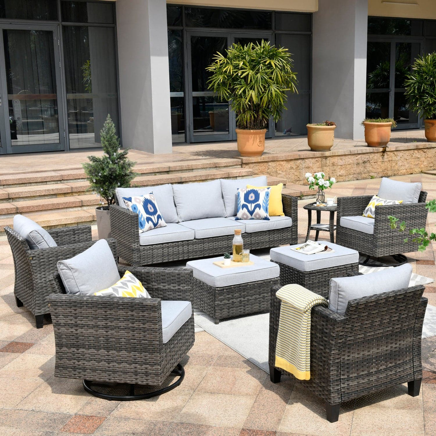 Ovios Patio Set: 8-Piece with Swivel Chairs - Sturdy Wicker Furniture