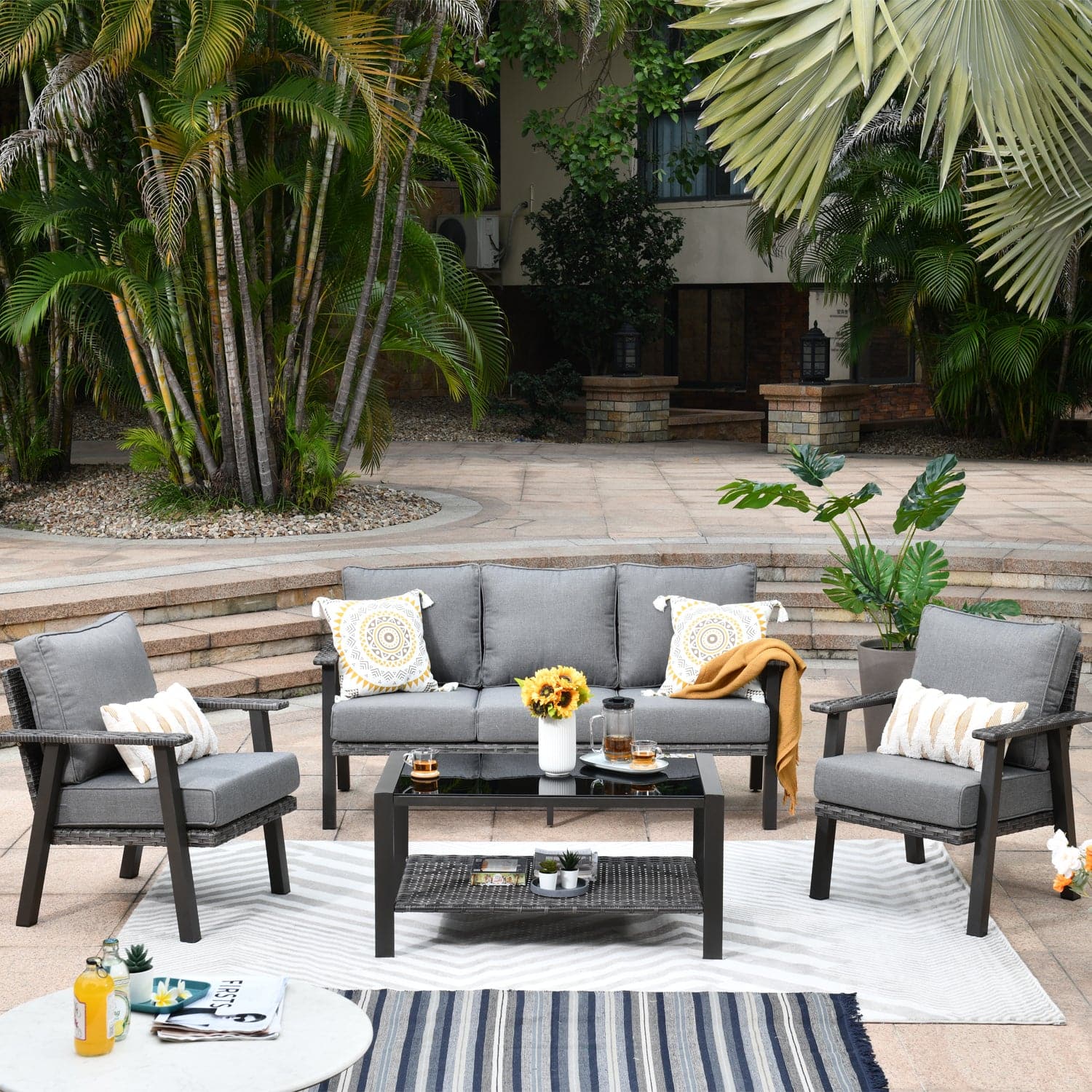 Ovios Patio Conversation Set 5 Person Seating with Table 5 Cushion Olefin Fabric