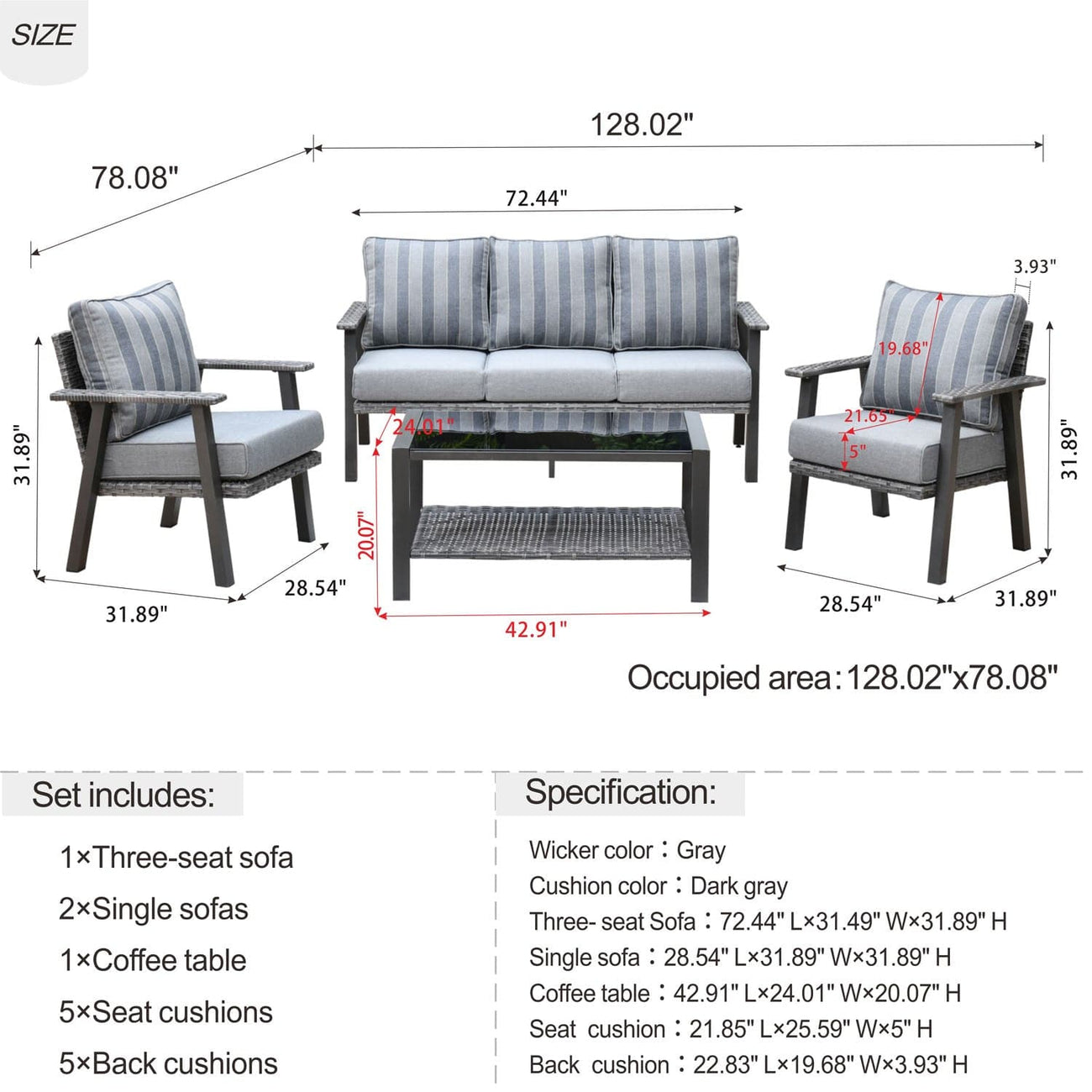 Patio Conversation Set 5 Person Seating With Table,5'' Cushion, Olefin